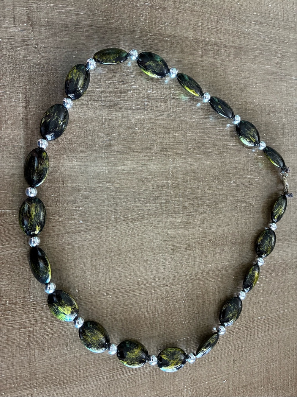 Olive Green Glass Bead Necklace with Silver Spacers